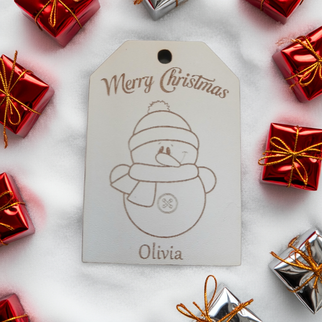 x2 Personalised Christmas Gift Tags, White Wood. Christmas Dog and Snowman, with Cord.