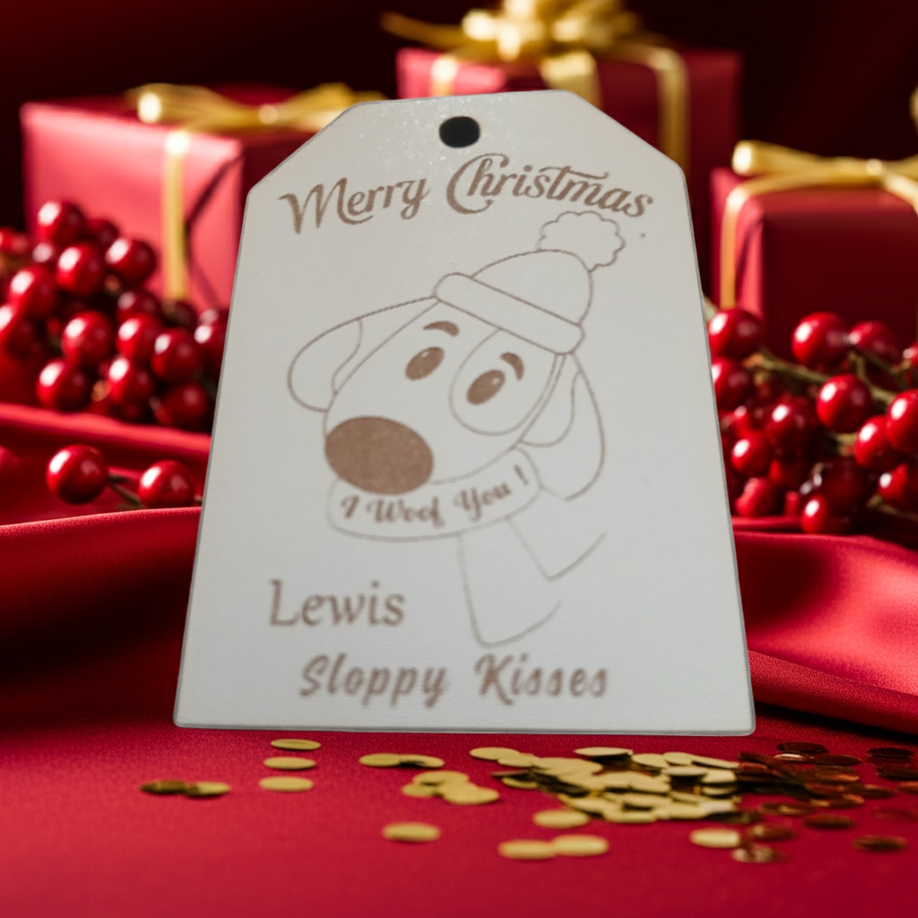 x2 Personalised Christmas Gift Tags, White Wood. Christmas Dog and Snowman, with Cord.
