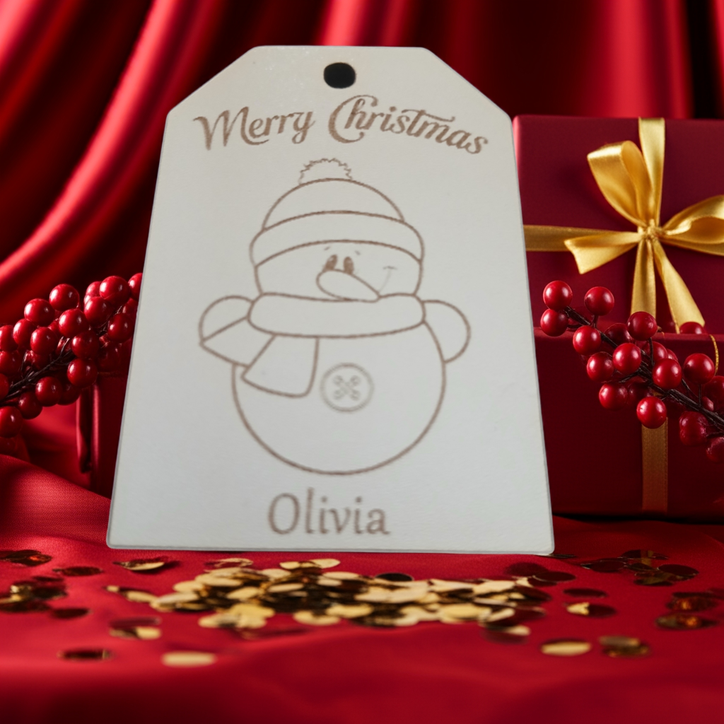 x2 Personalised Christmas Gift Tags, White Wood. Christmas Dog and Snowman, with Cord.