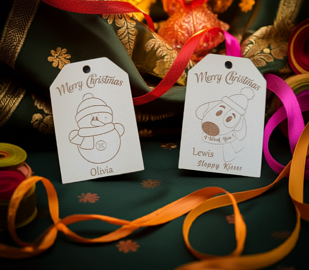 x2 Personalised Christmas Gift Tags, White Wood. Christmas Dog and Snowman, with Cord.