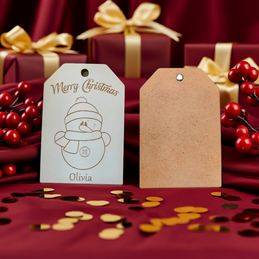 x2 Personalised Christmas Gift Tags, White Wood. Christmas Dog and Snowman, with Cord.