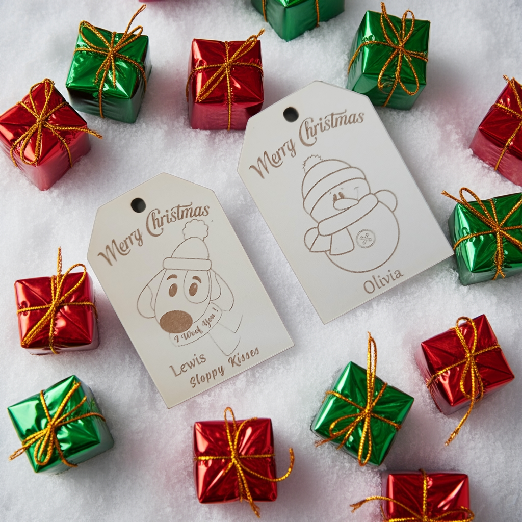 x2 Personalised Christmas Gift Tags, White Wood. Christmas Dog and Snowman, with Cord.