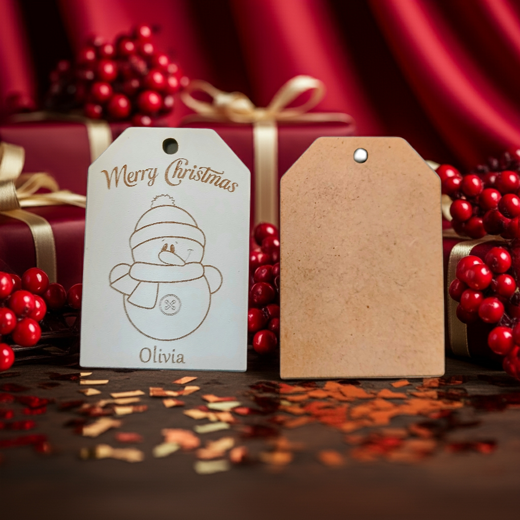 x2 Personalised Christmas Gift Tags, White Wood. Christmas Dog and Snowman, with Cord.