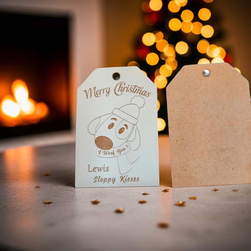 x2 Personalised Christmas Gift Tags, White Wood. Christmas Dog and Snowman, with Cord.