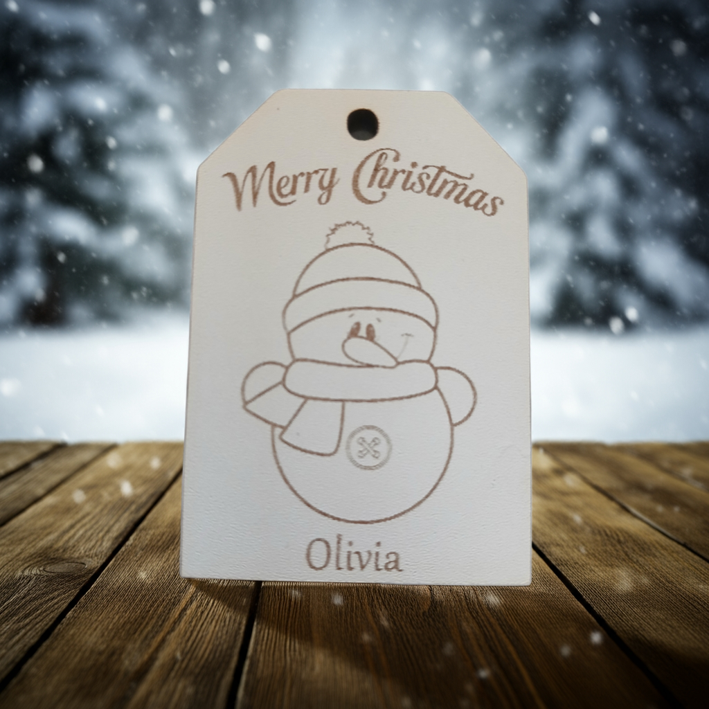 x2 Personalised Christmas Gift Tags, White Wood. Christmas Dog and Snowman, with Cord.