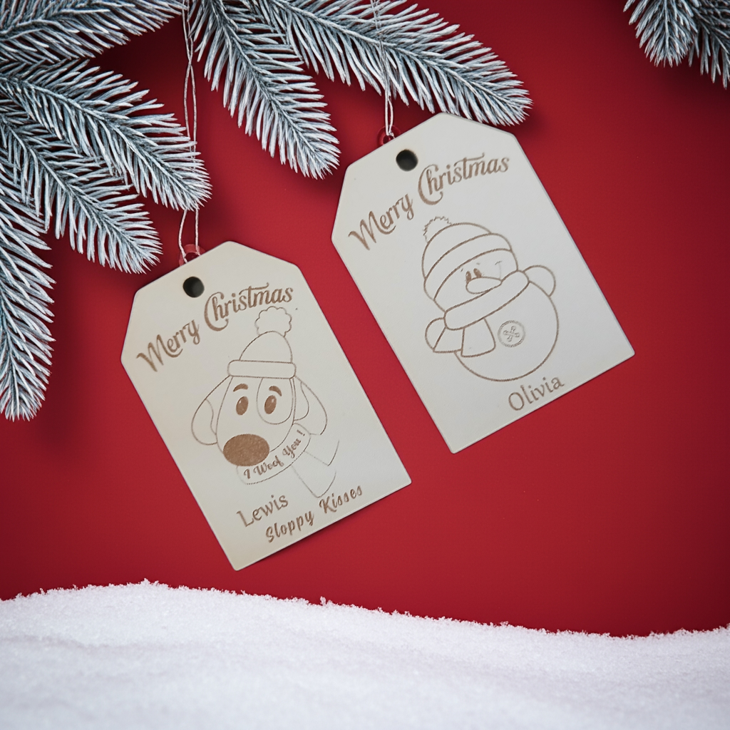 x2 Personalised Christmas Gift Tags, White Wood. Christmas Dog and Snowman, with Cord.