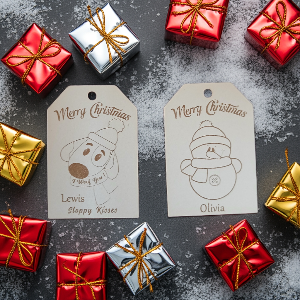 x2 Personalised Christmas Gift Tags, White Wood. Christmas Dog and Snowman, with Cord.