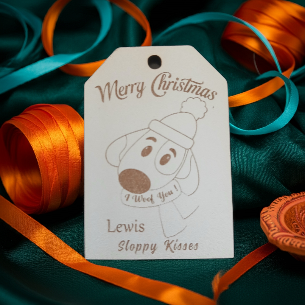 x2 Personalised Christmas Gift Tags, White Wood. Christmas Dog and Snowman, with Cord.